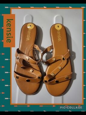 Kensie Cognac Brown Strappy Slide Sandals with Gold Studs